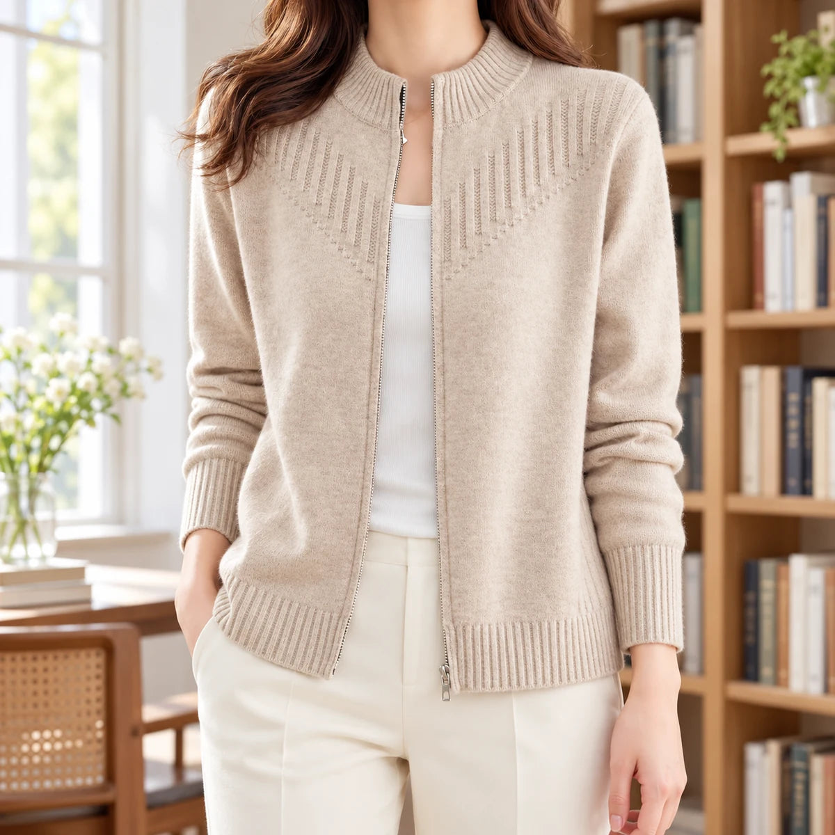 Wool Blend Cardigan | Dahlia in Beige neck down lifestyle view