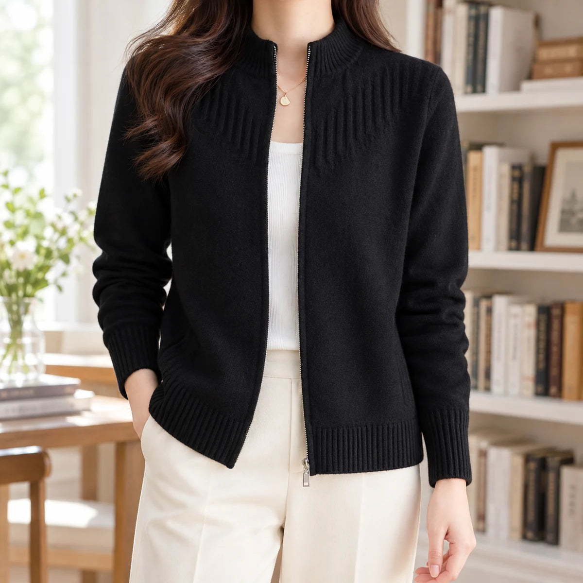 Wool Blend Cardigan | Dahlia in Black neck down lifestyle view