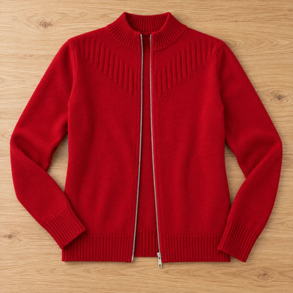 Wool Blend Cardigan | Dahlia in Red overhead flat lay view