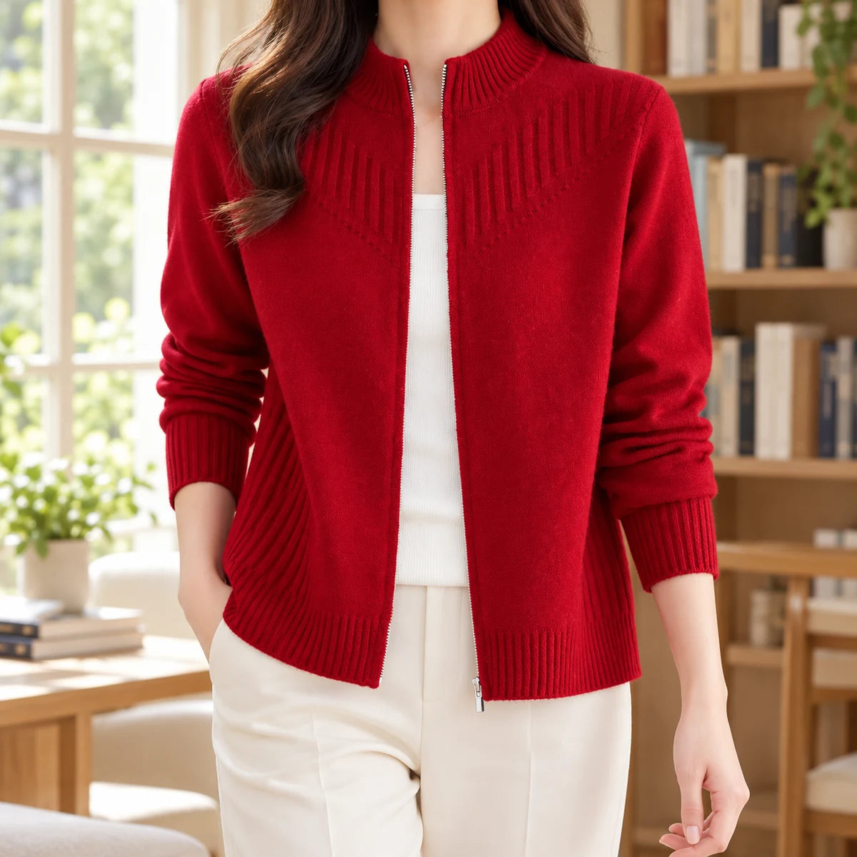 Wool Blend Cardigan | Dahlia in Red neck down lifestyle view