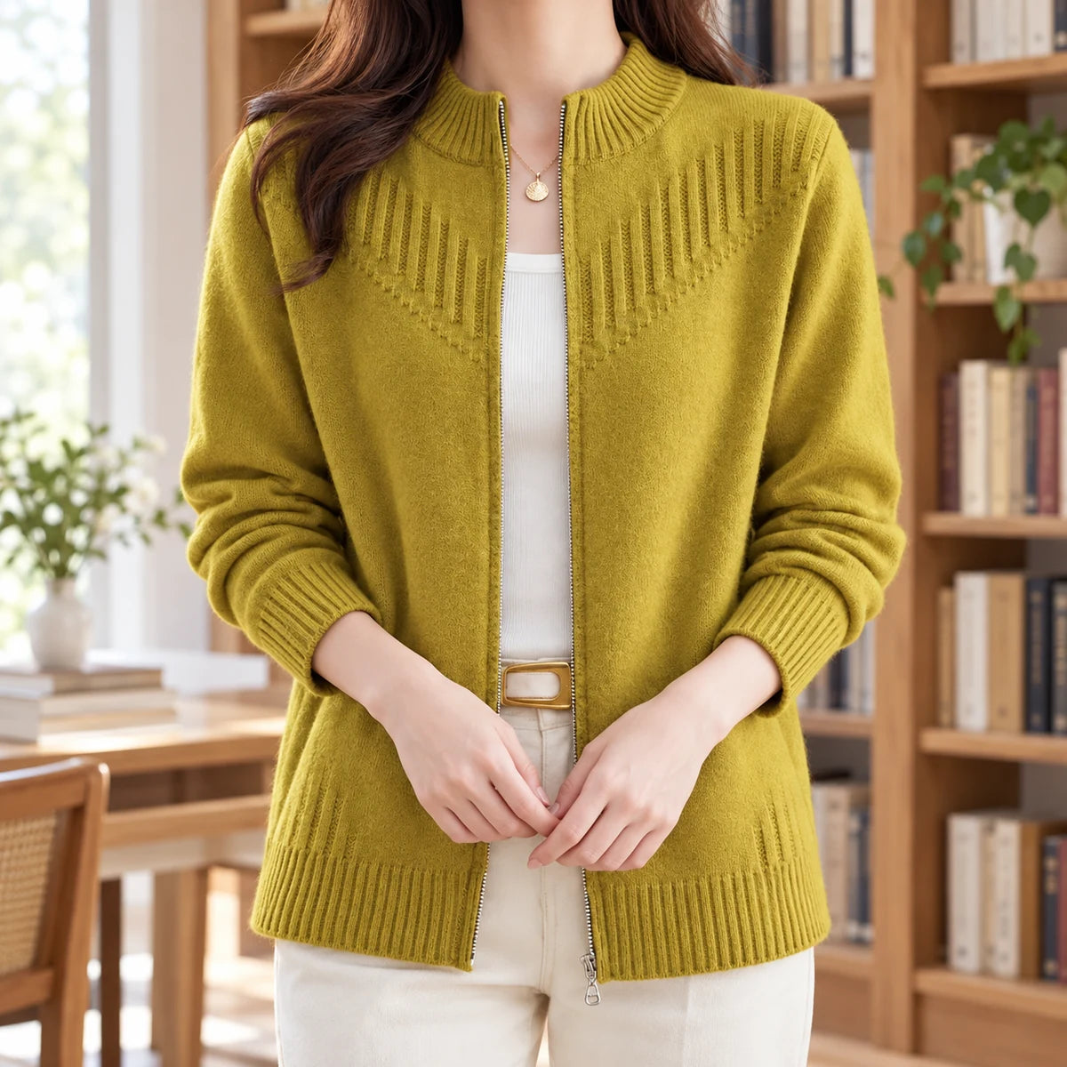 Wool Blend Cardigan | Dahlia in Yellow neck down lifestyle view