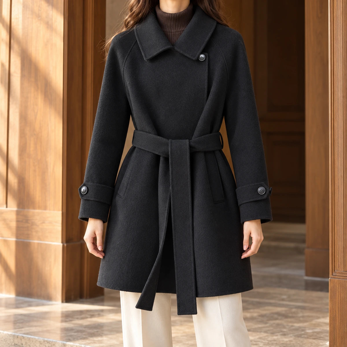 Wool Blend Coat | Roxanne in Black neck down lifestyle view