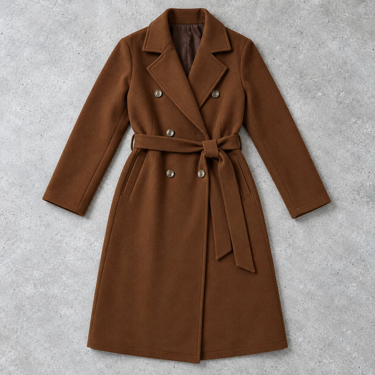 Genuine Wool Coat | Alessia in Brown overhead flat lay