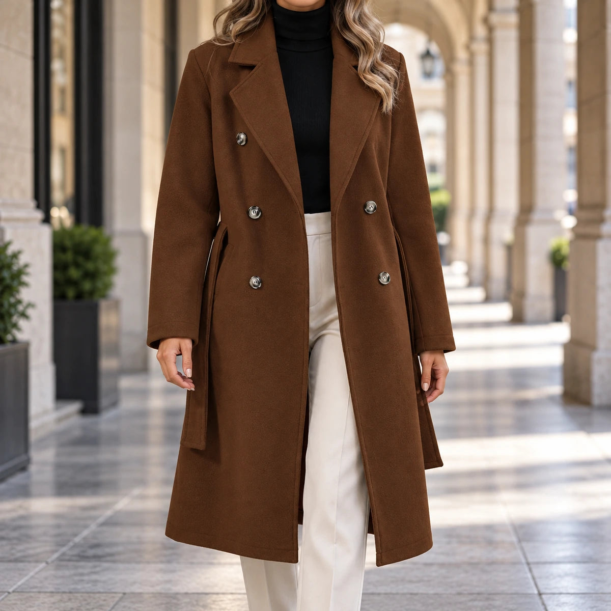 Genuine Wool Coat | Alessia in Brown neck down lifestyle view