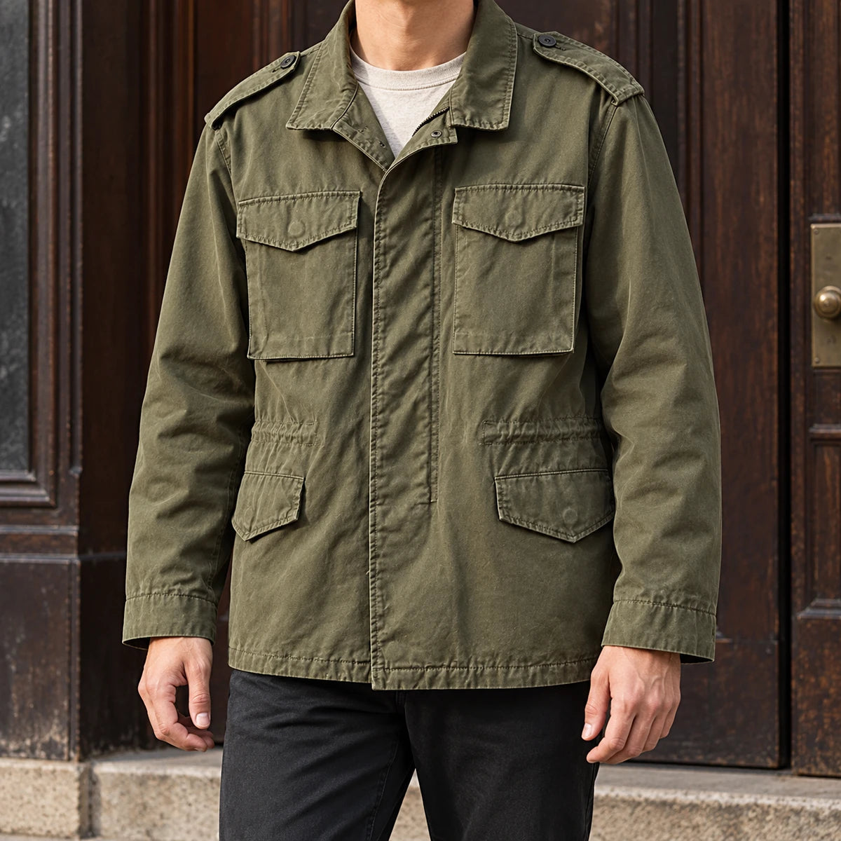 Arvid Field Jacket Green model doorway lifestyle
