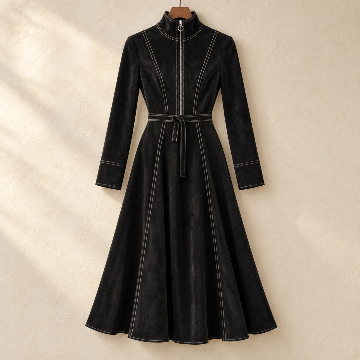 Belted Midi Dress | Lucille in Black, front view