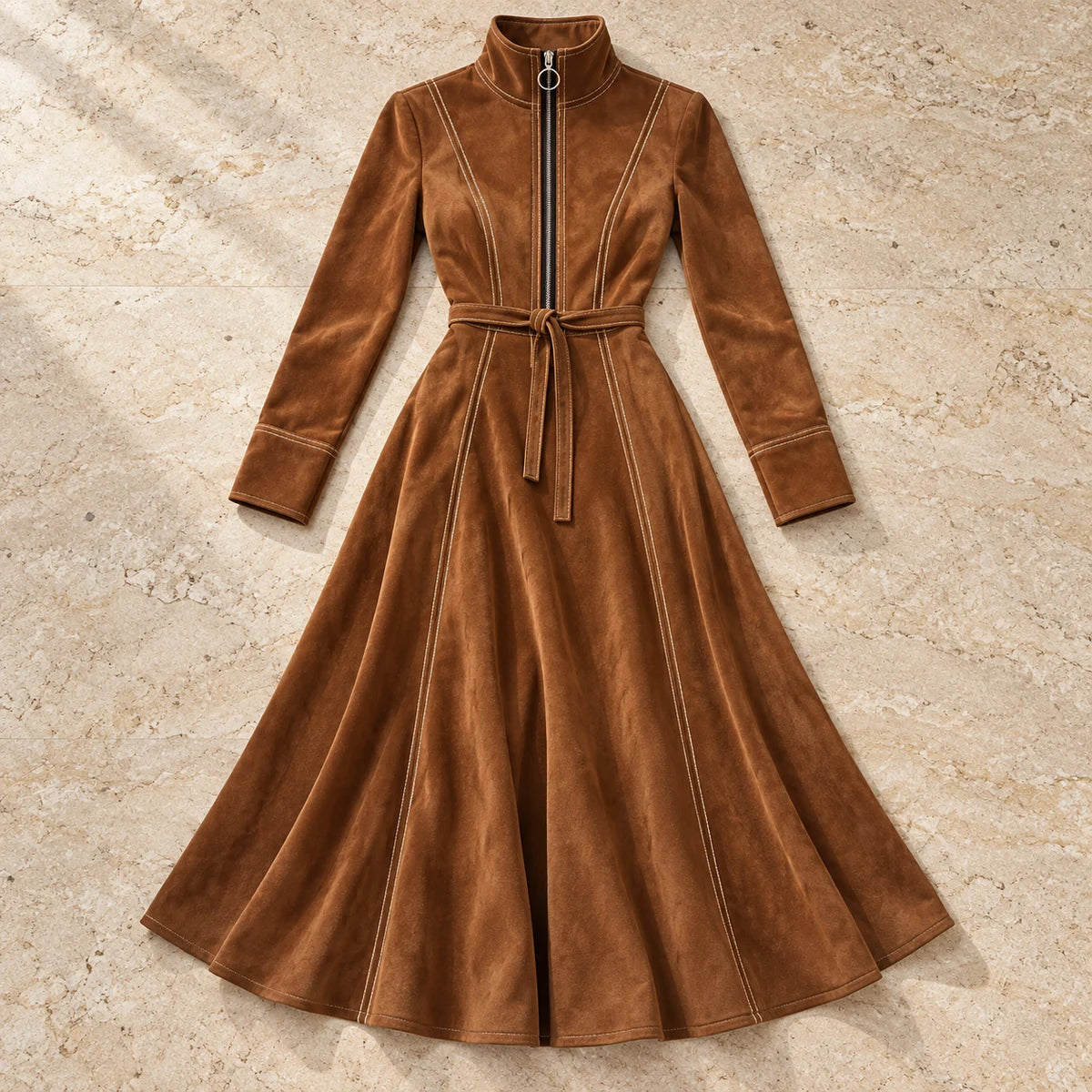 Belted Midi Dress | Lucille in Brown, flatlay view