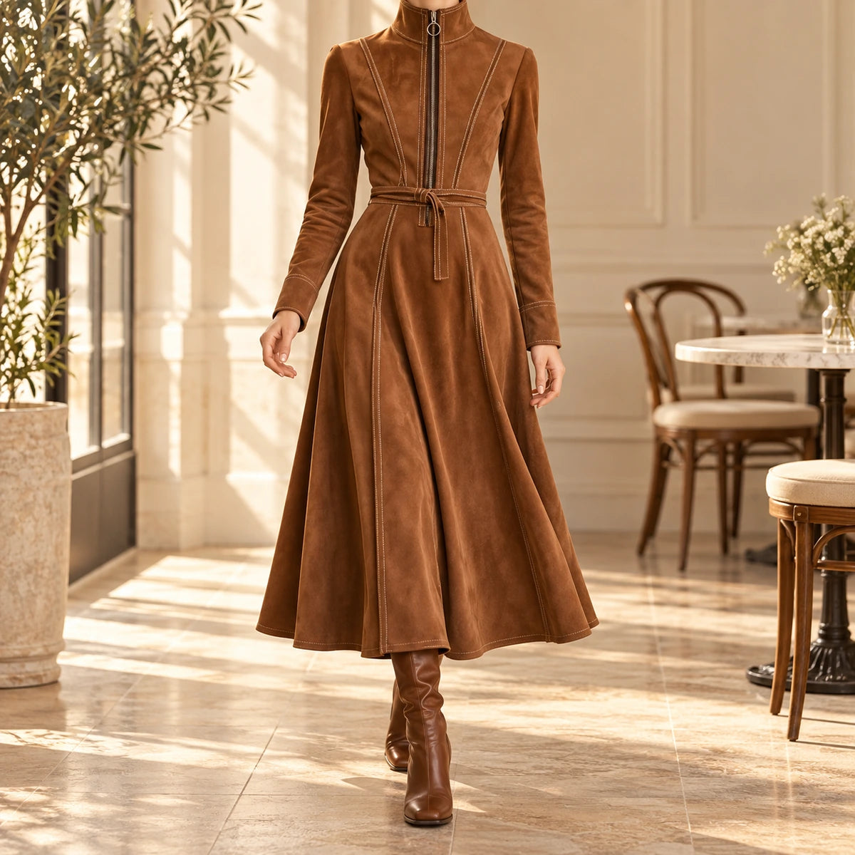 Belted Midi Dress | Lucille in Brown, lifestyle view