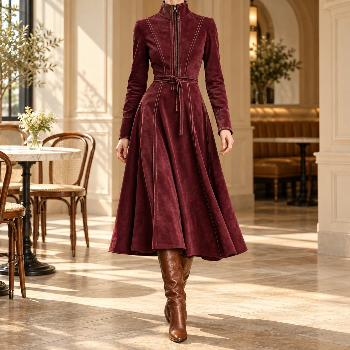 Belted Midi Dress | Lucille in Red, lifestyle view