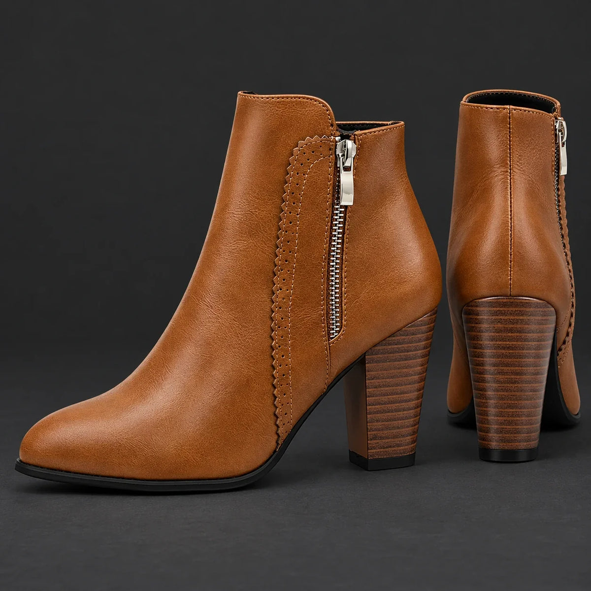 Block Heel Ankle Boots Verona Brown side and heel view