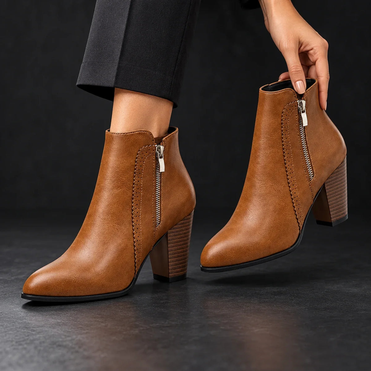 Block Heel Ankle Boots Verona Brown model holding boot