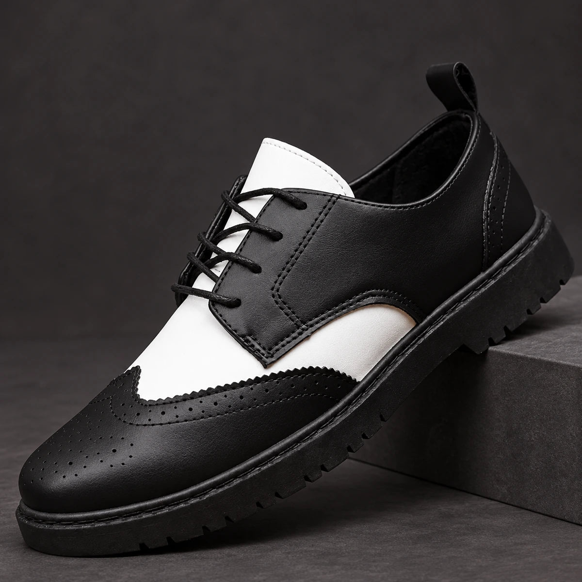 Leather Derbies | Audric Black White diagonal pedestal