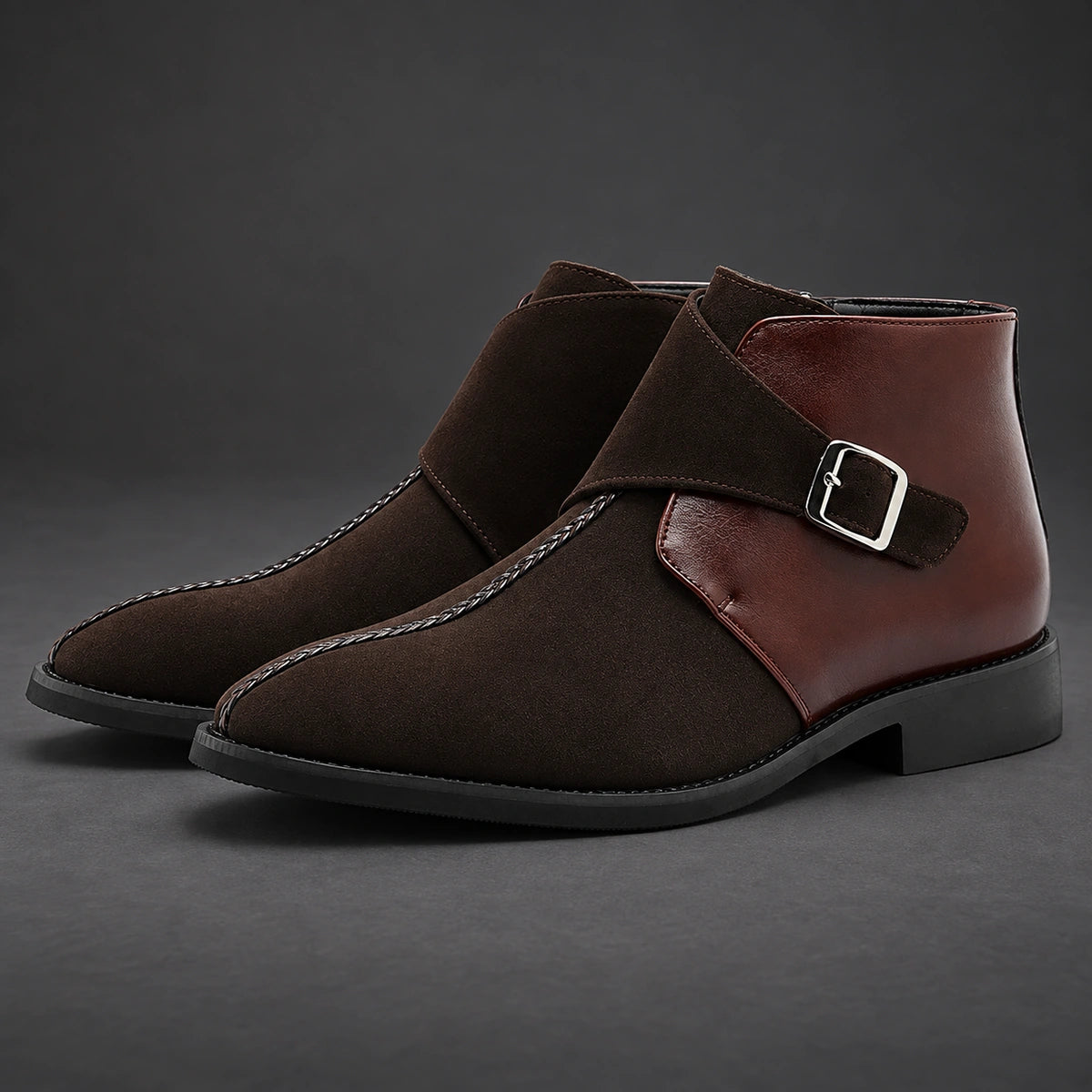 Buckle Ankle Boots | Rocco in Dark Brown, angled studio pair