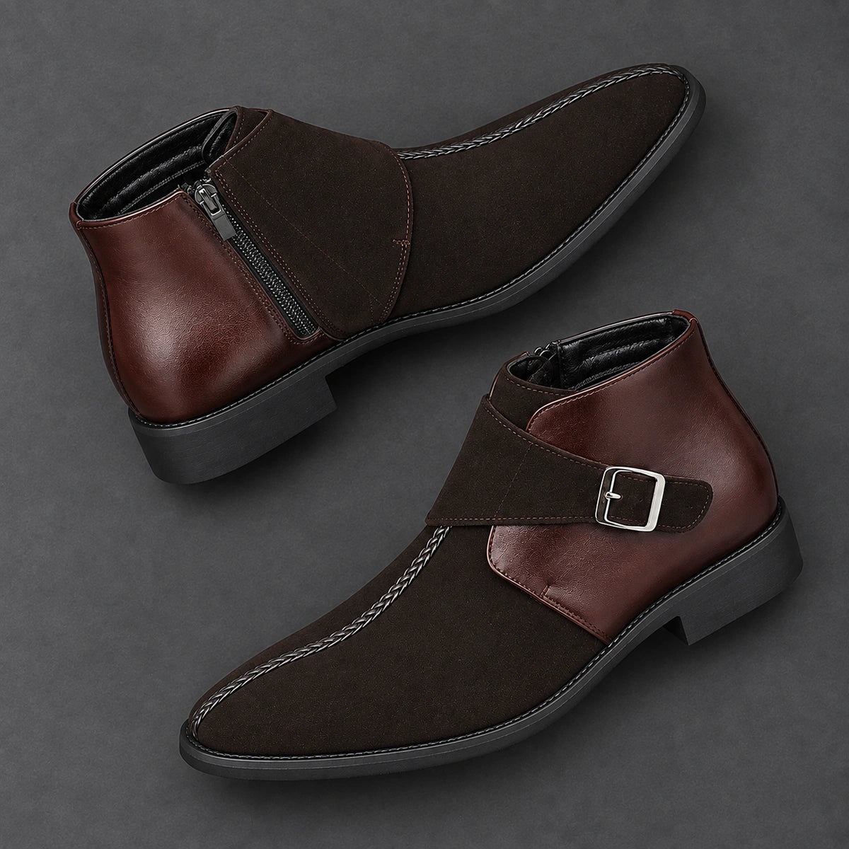 Buckle Ankle Boots | Rocco in Dark Brown, opposed overhead pair
