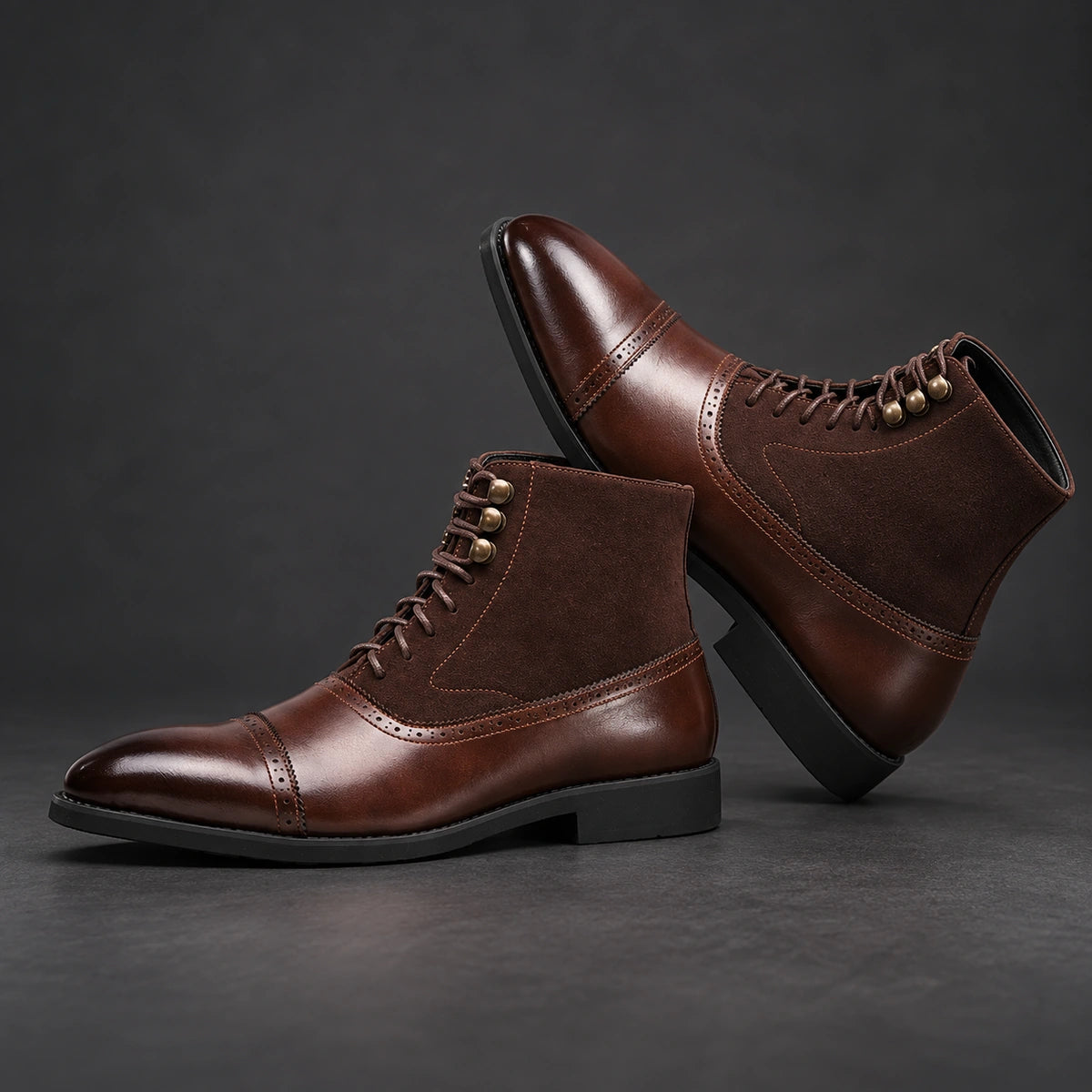 Cap Toe Lace Up Boots | Dario in Brown, leaning pair side studio view