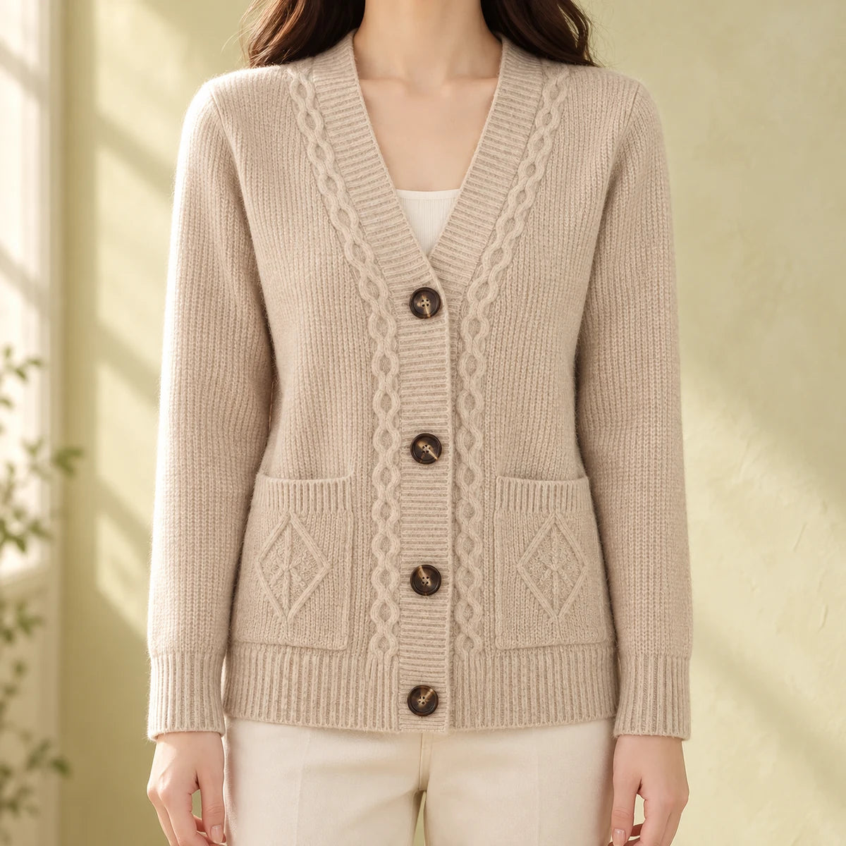 Cashmere Blend Cardigan | Ottilie in Beige neck down lifestyle view