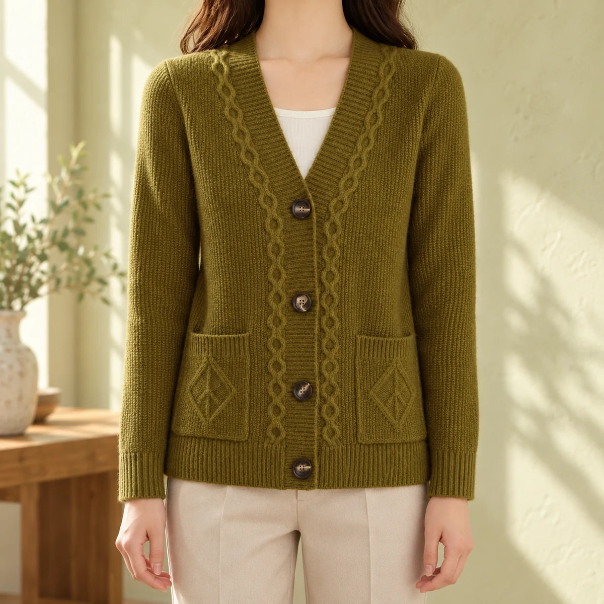 Cashmere Blend Cardigan | Ottilie in Green neck down lifestyle view