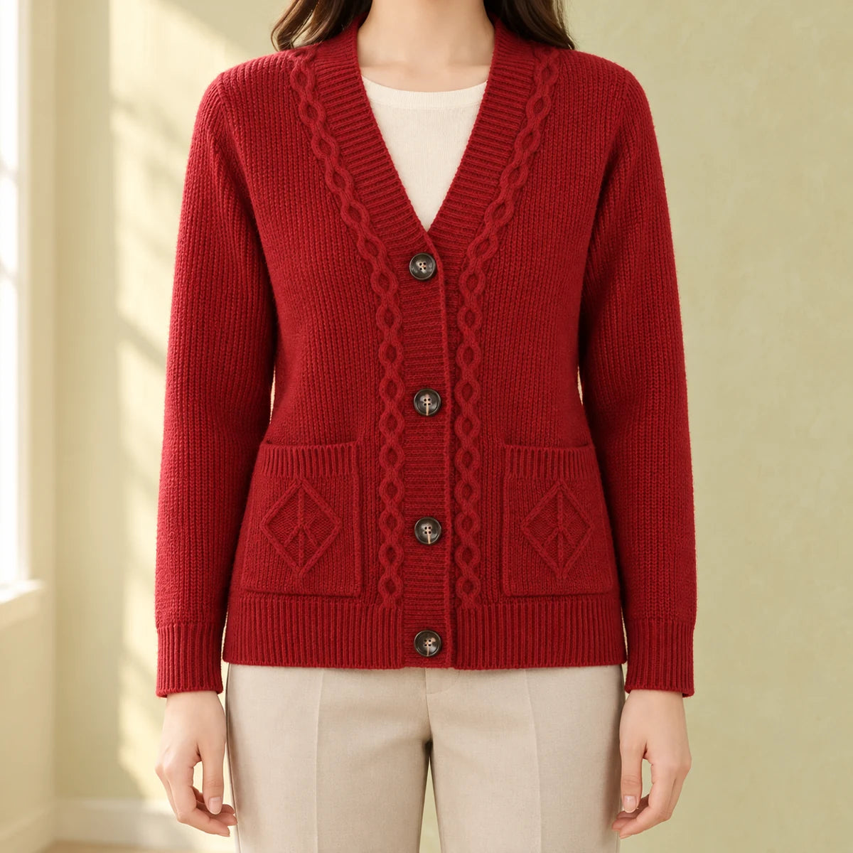 Cashmere Blend Cardigan | Ottilie in Red neck down lifestyle view