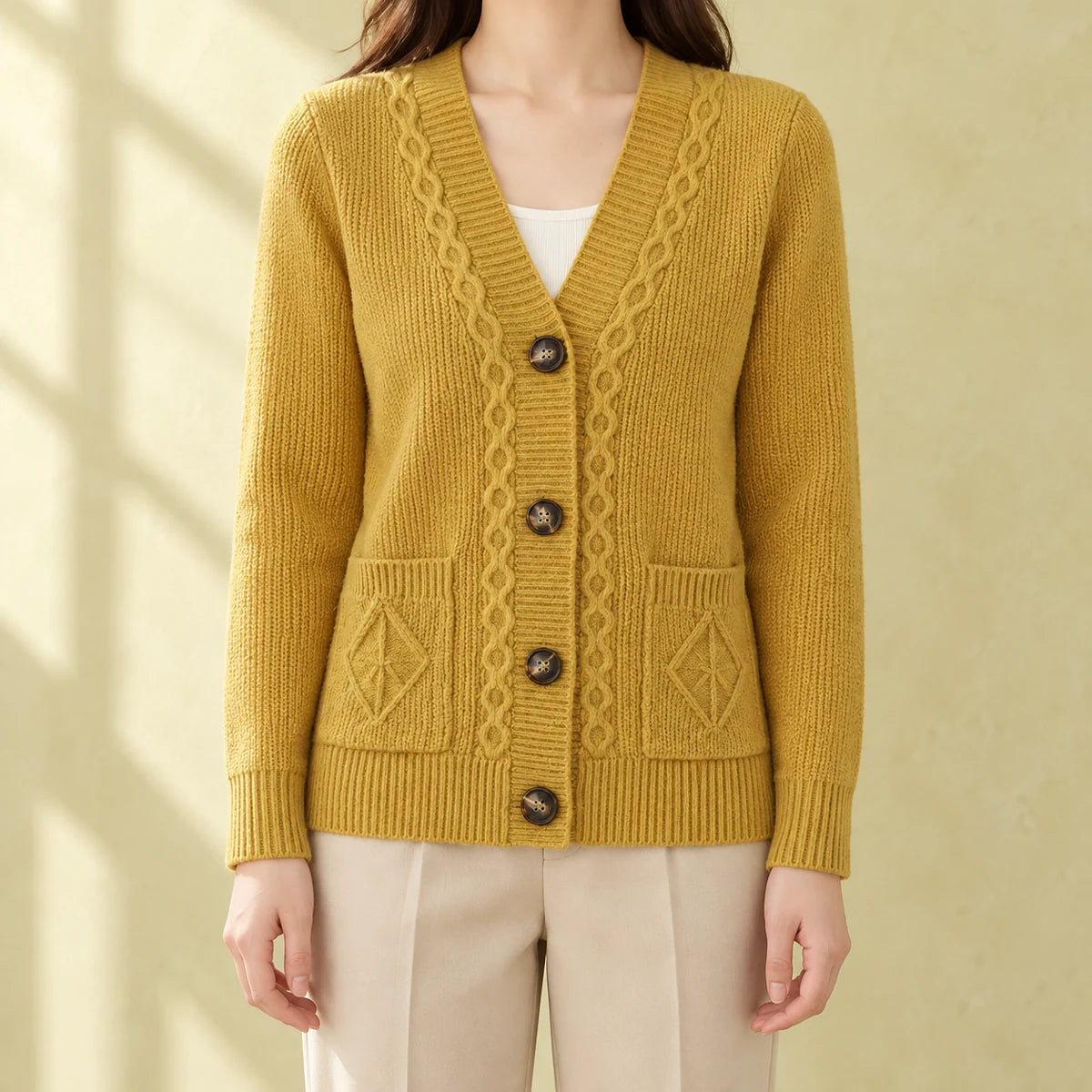 Cashmere Blend Cardigan | Ottilie in Yellow neck down lifestyle view