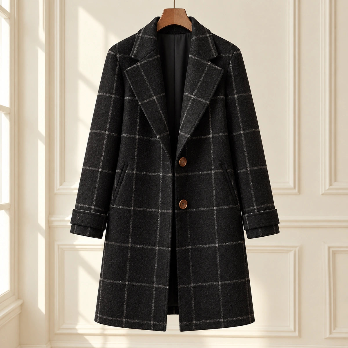Checkered Coat | Elara in Black, editorial front view