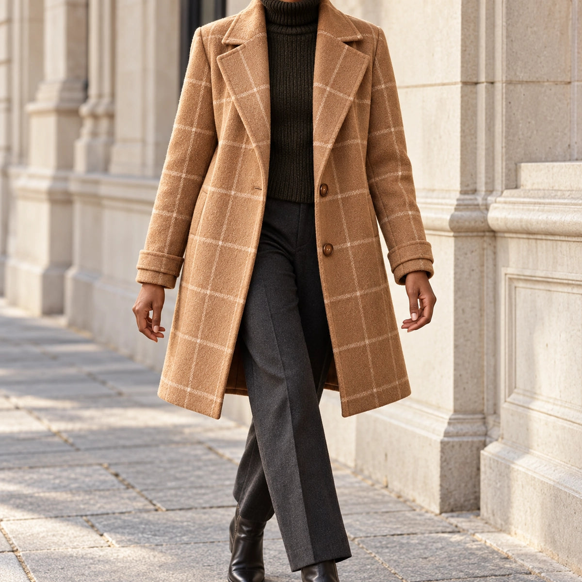 Checkered Coat | Elara in Camel lifestyle model