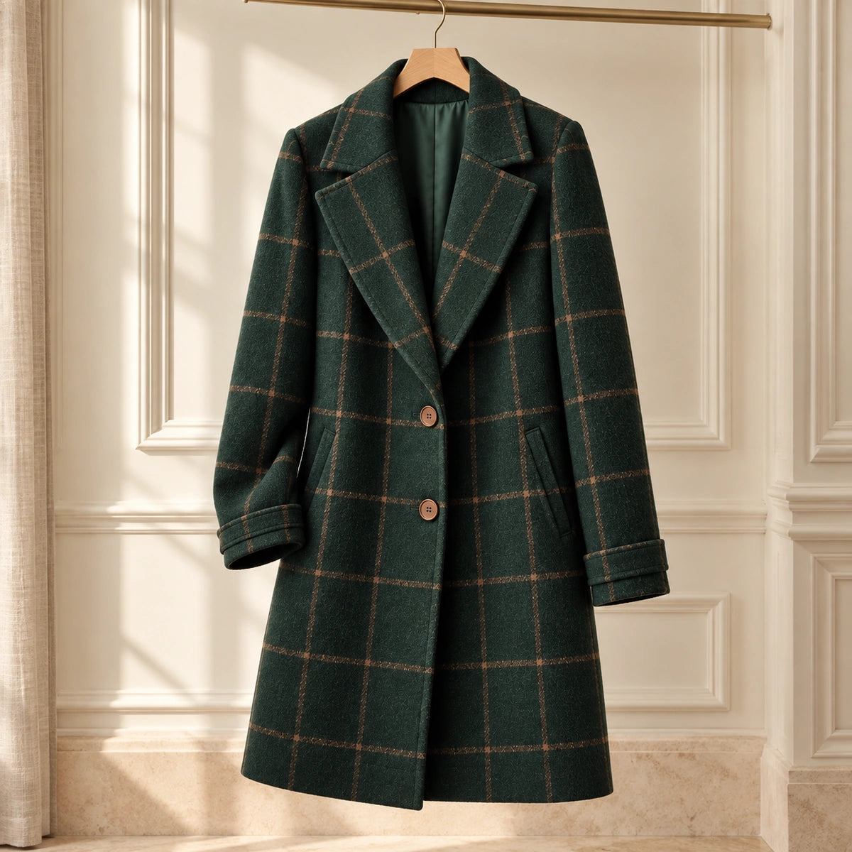 Checkered Coat | Elara in Dark Green, editorial front view