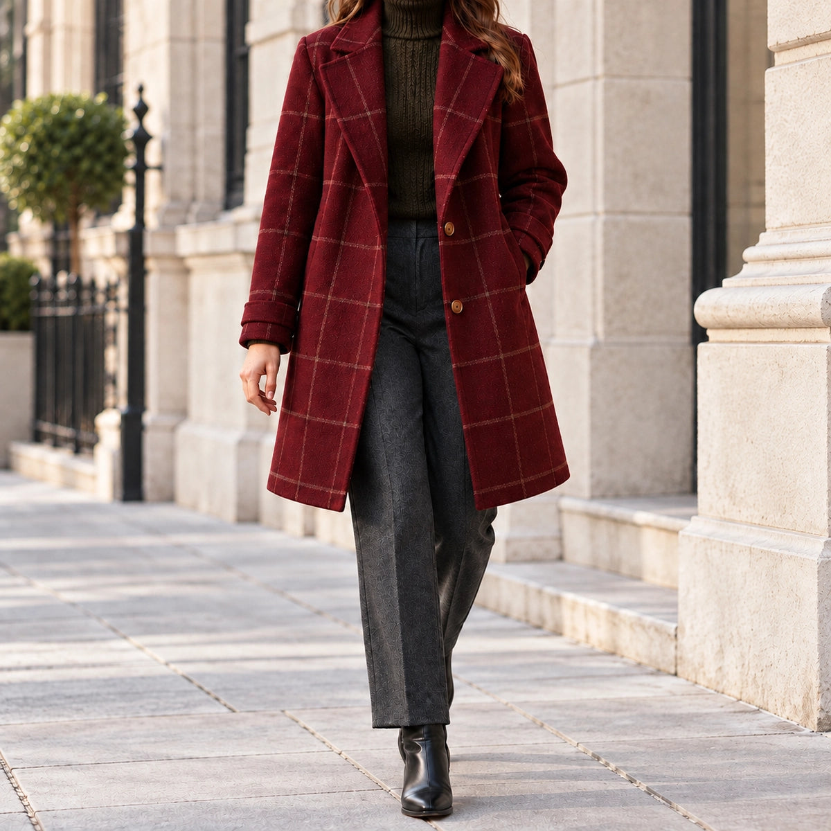 Checkered Coat | Elara in Wine Red lifestyle model