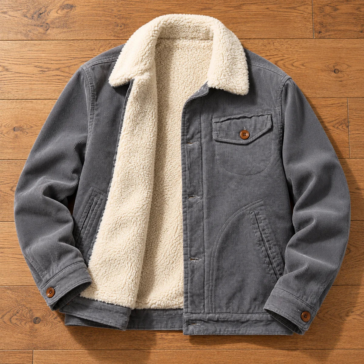 Corduroy Jacket | Alaric Gray overhead wood flatlay