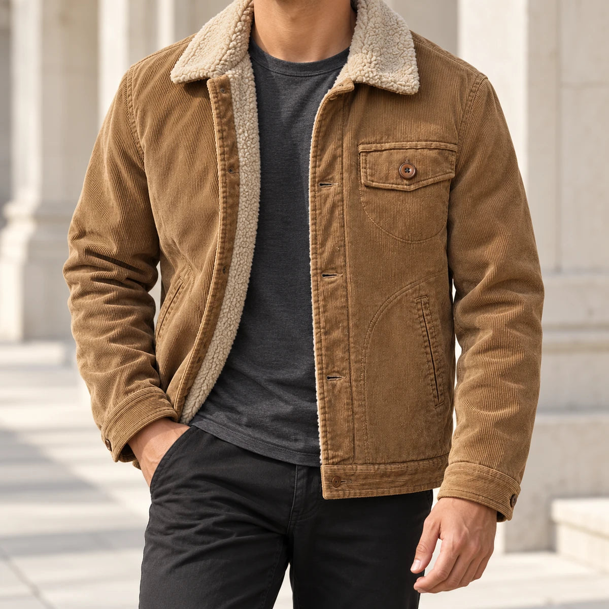 Corduroy Jacket | Alaric Tan model stone lifestyle