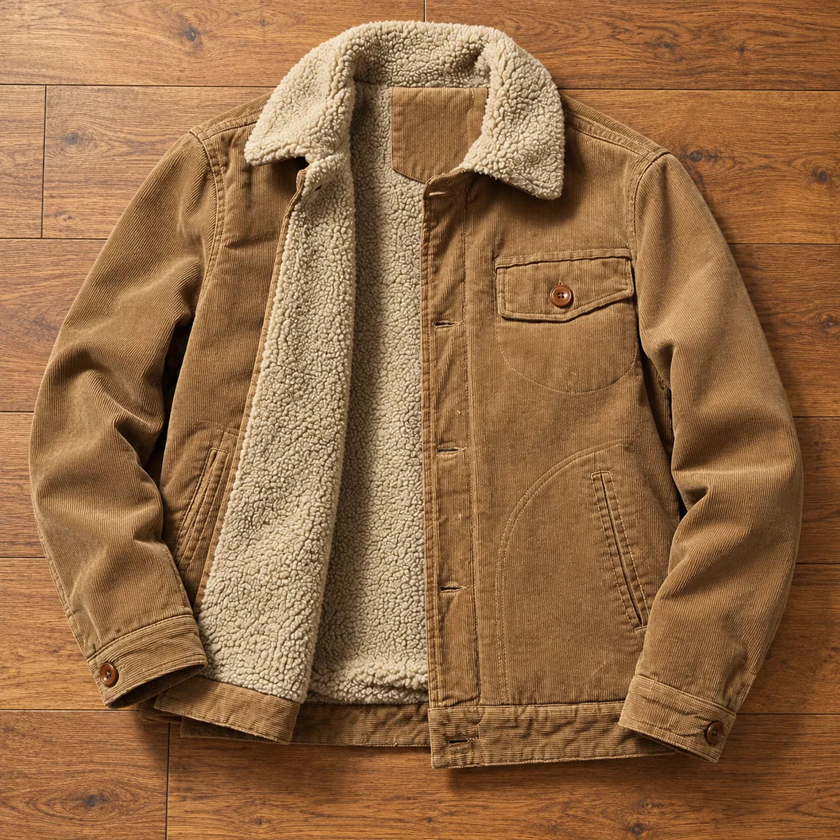Corduroy Jacket | Alaric Tan overhead wood flatlay