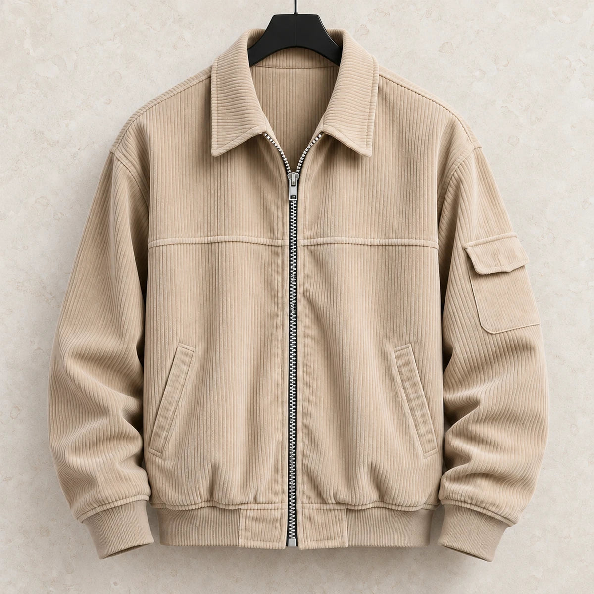 Corduroy Jacket | Eldric Beige hanger limestone front v2