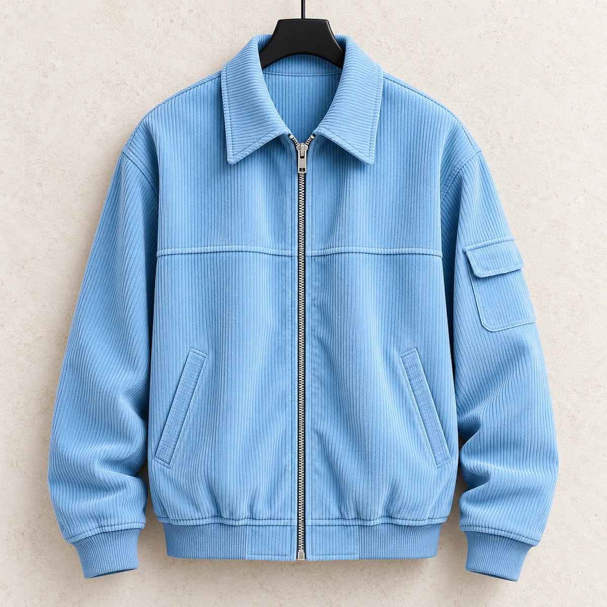 Corduroy Jacket | Eldric Blue hanger limestone front