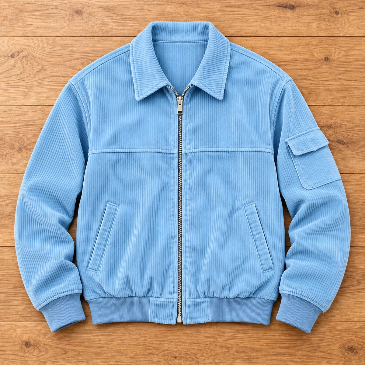 Corduroy Jacket | Eldric Blue overhead oak flatlay
