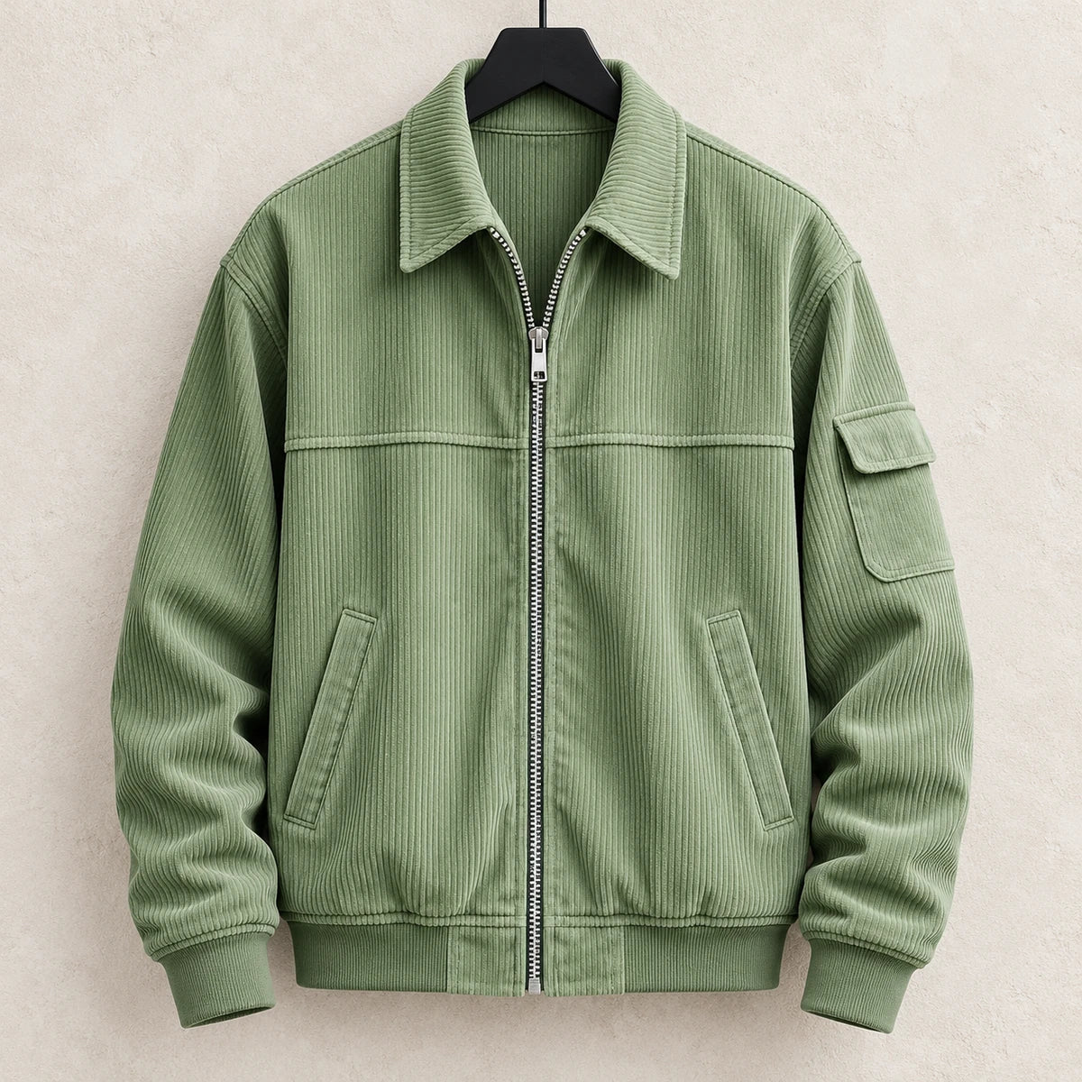 Corduroy Jacket | Eldric Green hanger limestone front