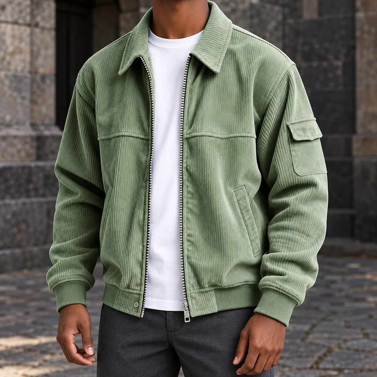 Corduroy Jacket | Eldric Green model stone courtyard front