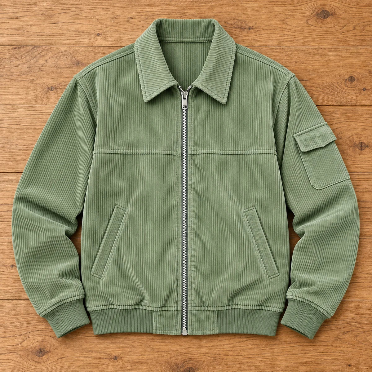 Corduroy Jacket | Eldric Green overhead oak flatlay