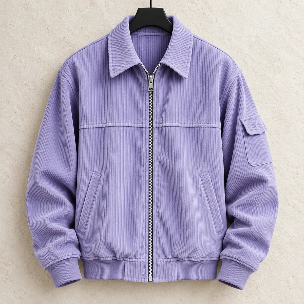 Corduroy Jacket | Eldric Purple hanger limestone front