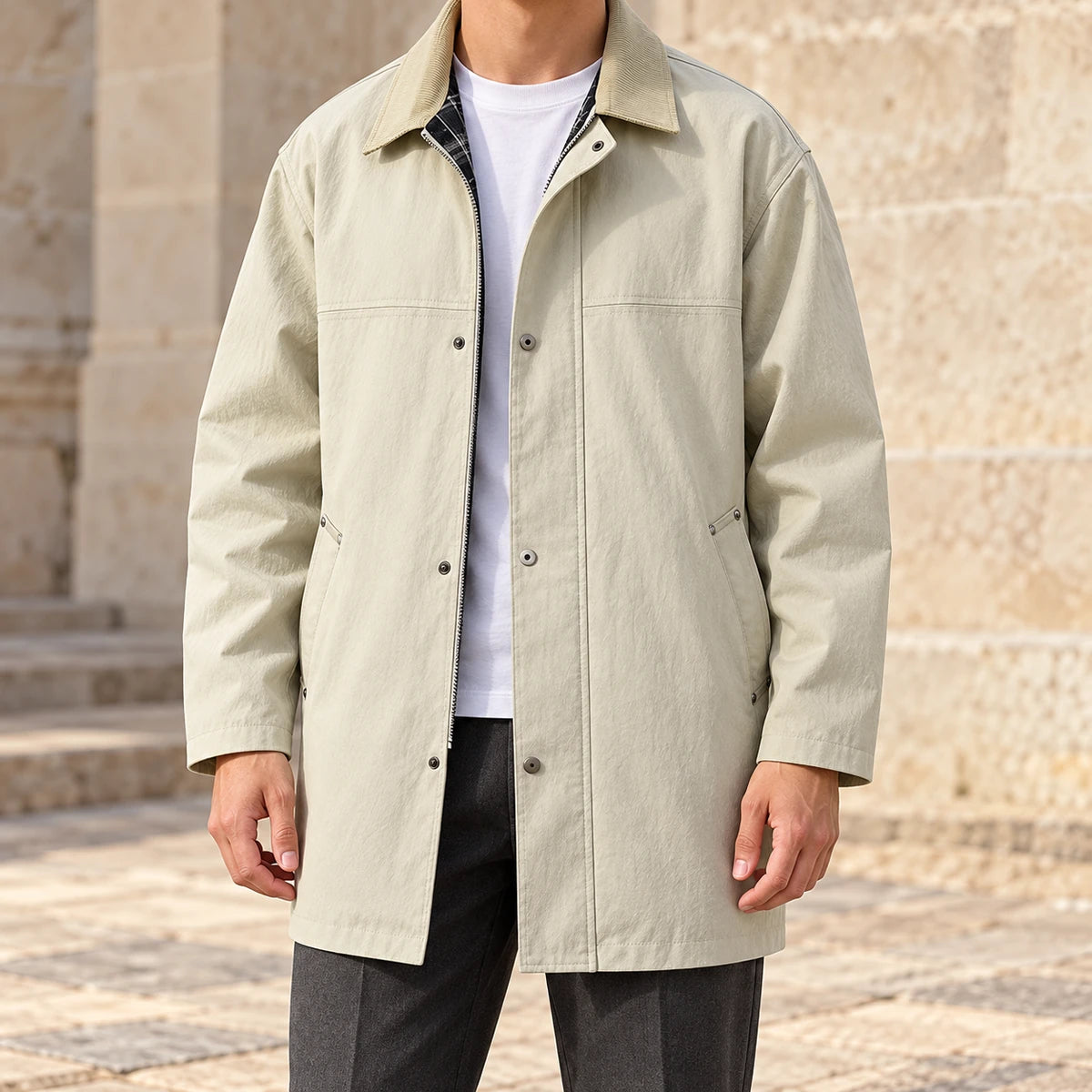 Corentin Jacket Beige model stone walkway