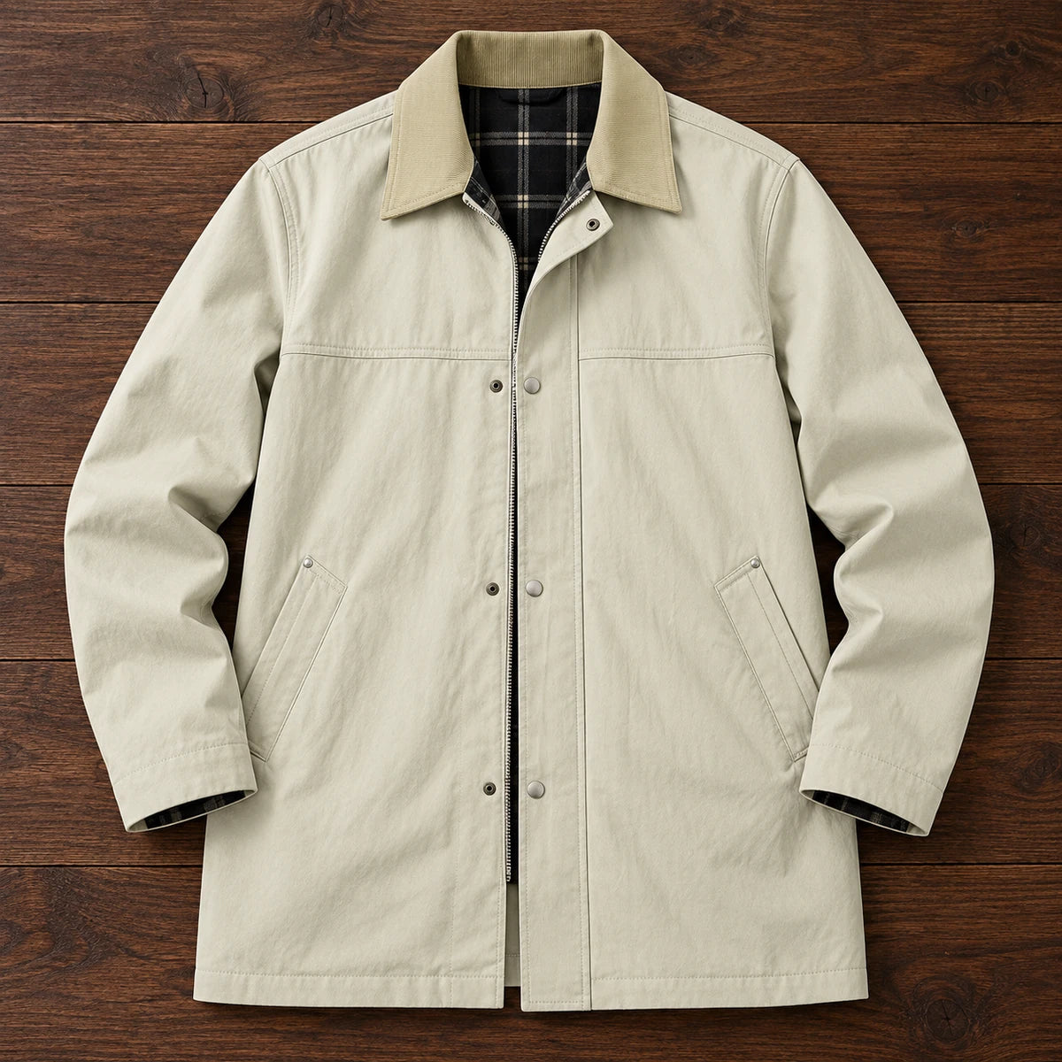 Corentin Jacket Beige overhead walnut flatlay