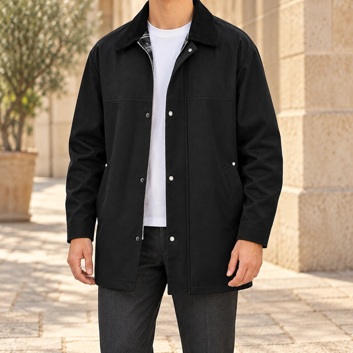Corentin Jacket Black model stone walkway