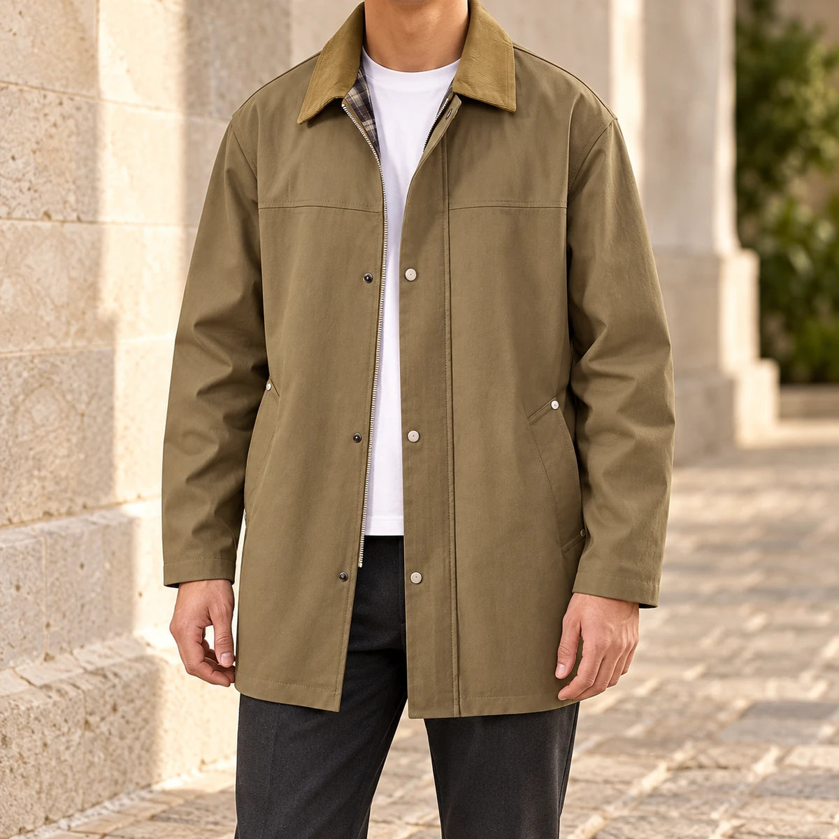 Corentin Jacket Tan model stone walkway