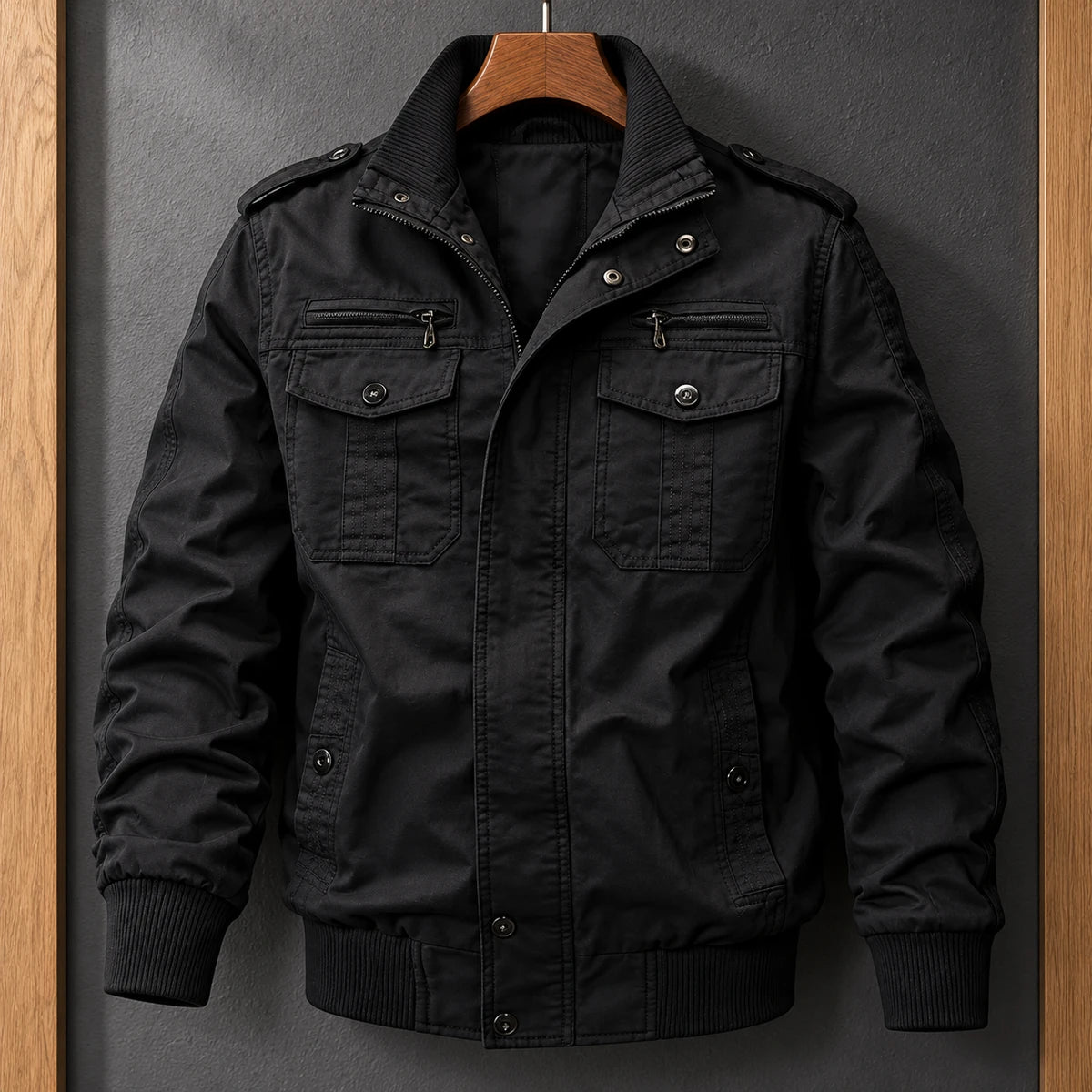 Cotton Jacket | Bertram Black hanger walnut front
