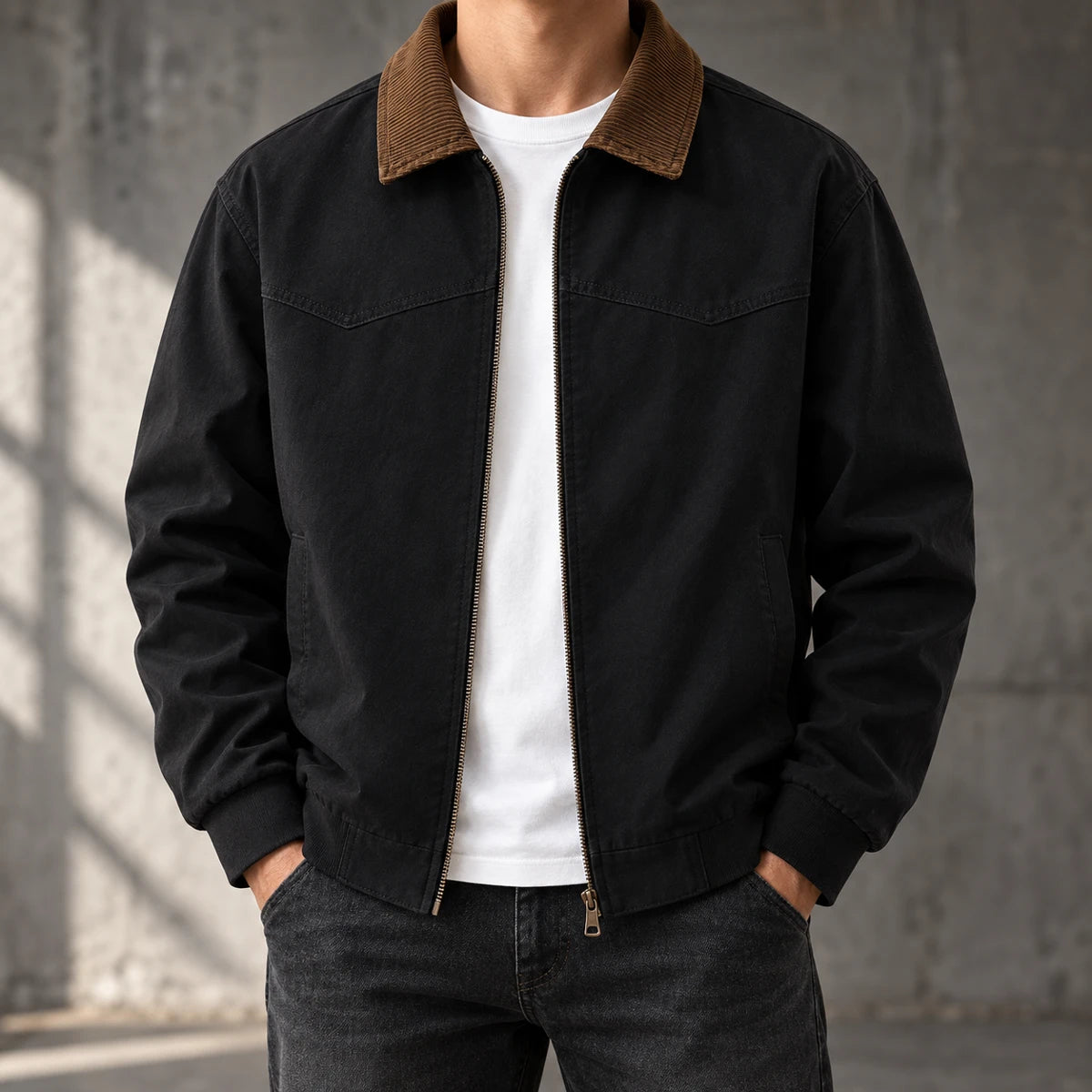 Cotton Jacket | Bennett Black neck-down relaxed wearer in charcoal industrial studio