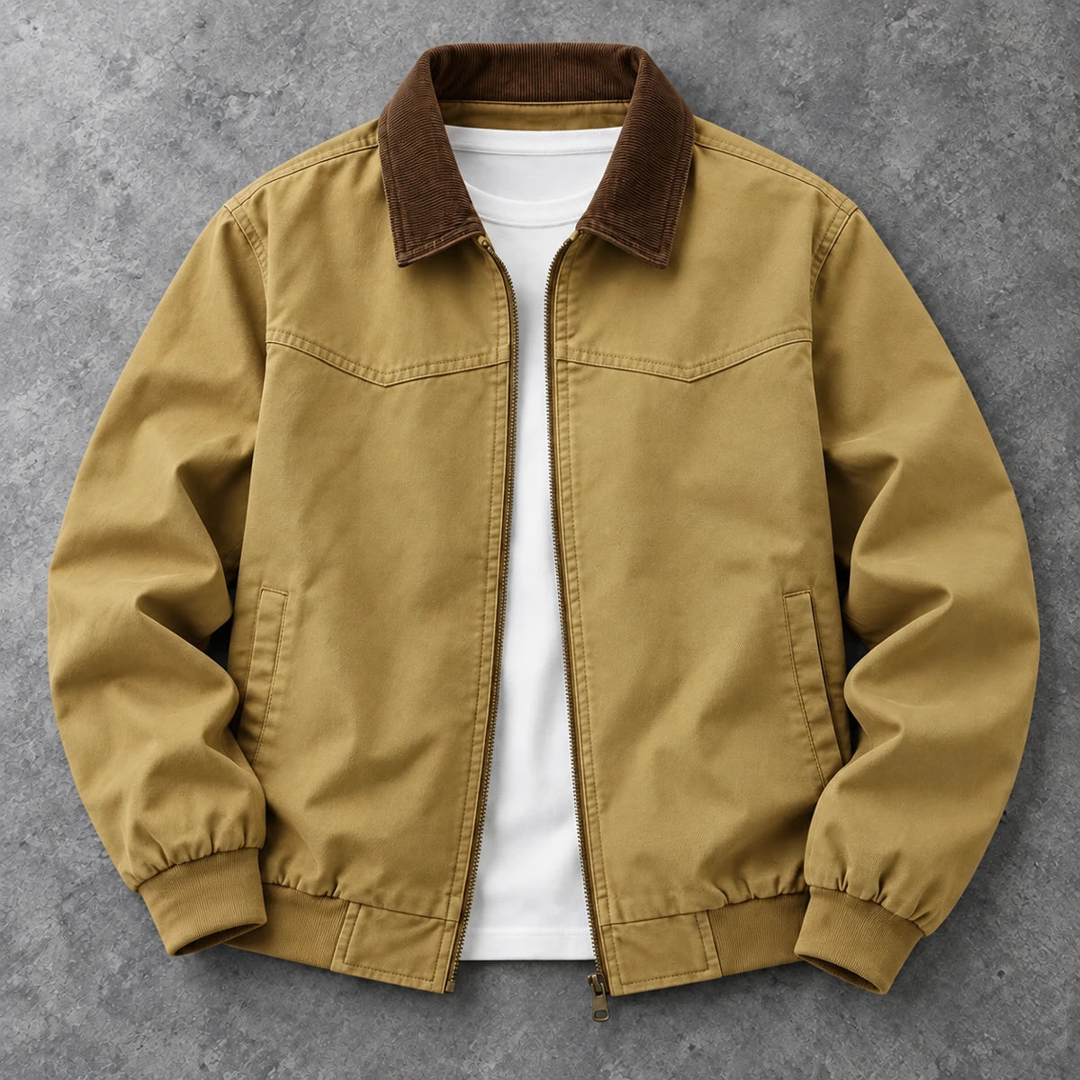 Cotton Jacket | Bennett Brown true overhead flat lay on slate gray concrete
