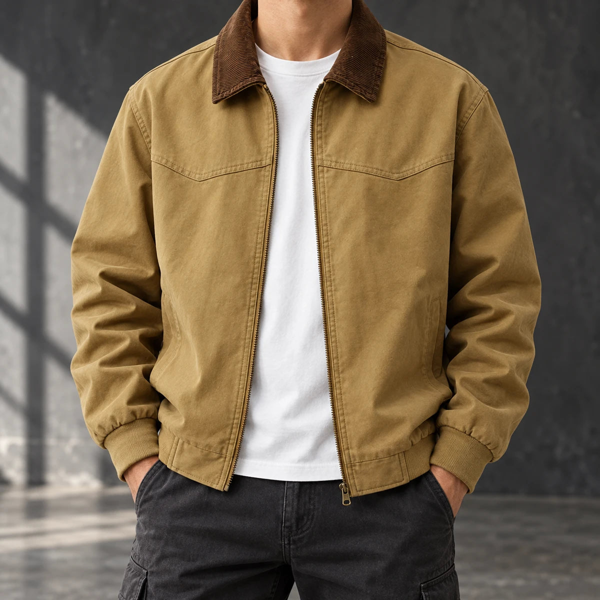 Cotton Jacket | Bennett Brown neck-down relaxed wearer in charcoal industrial studio