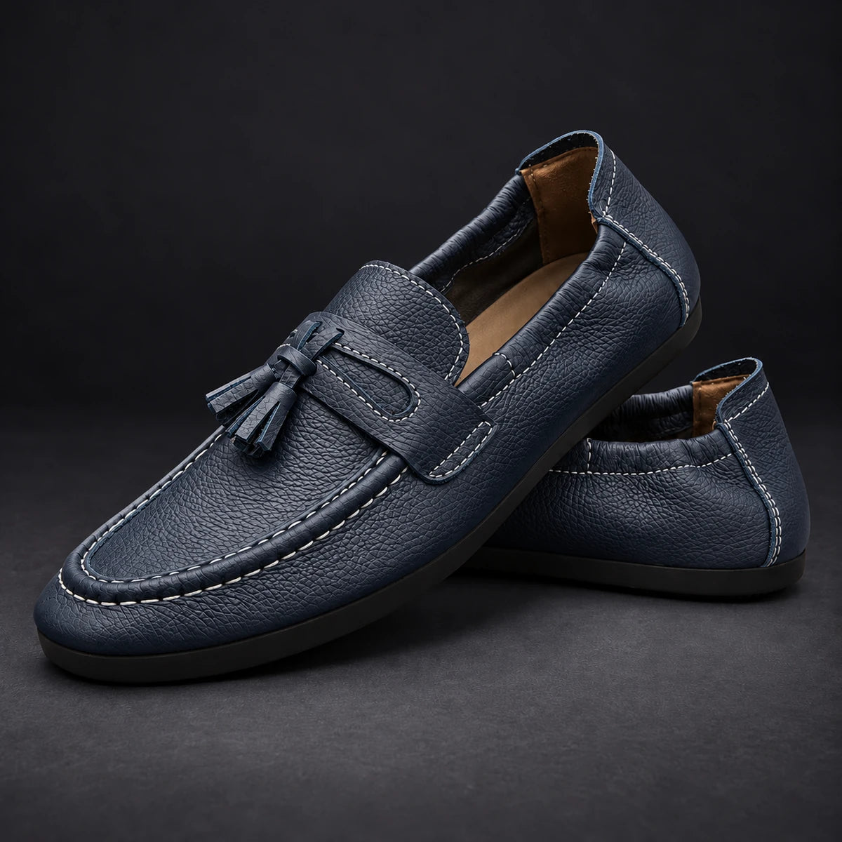 Cowhide Leather Loafers | Viggo Blue stacked pair