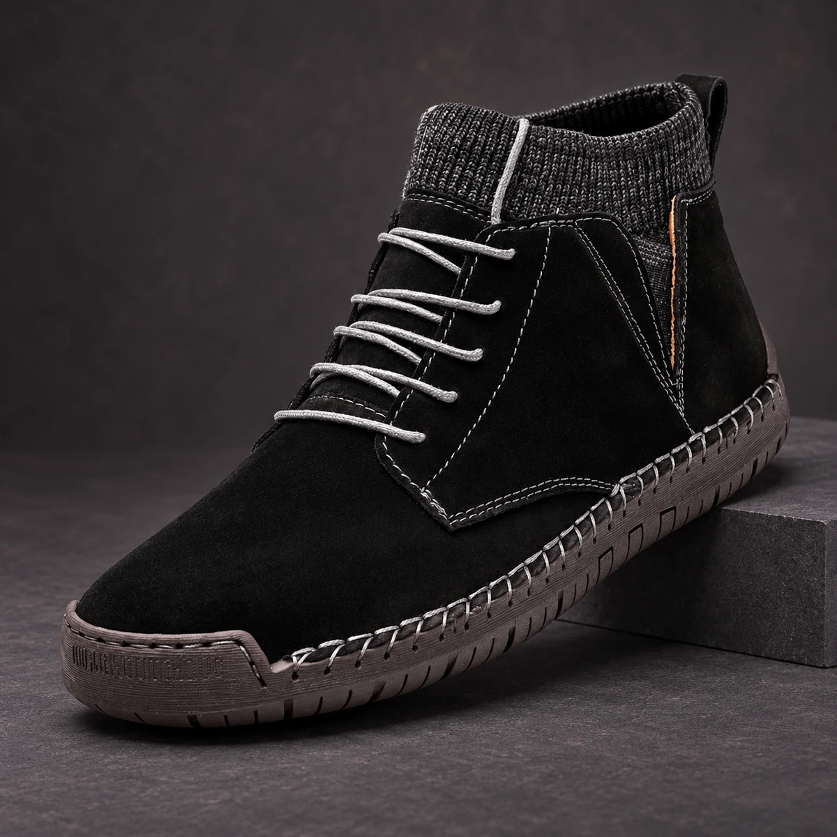 Cowhide Leather Boots | Clovis Black diagonal pedestal