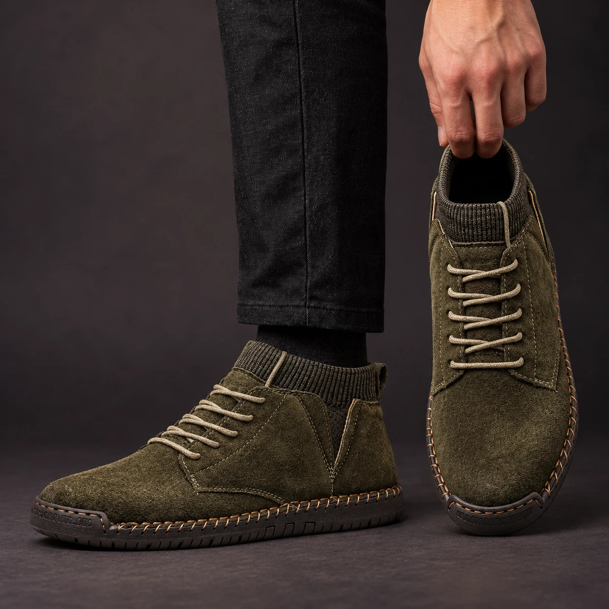 Cowhide Leather Boots | Clovis Green model handheld
