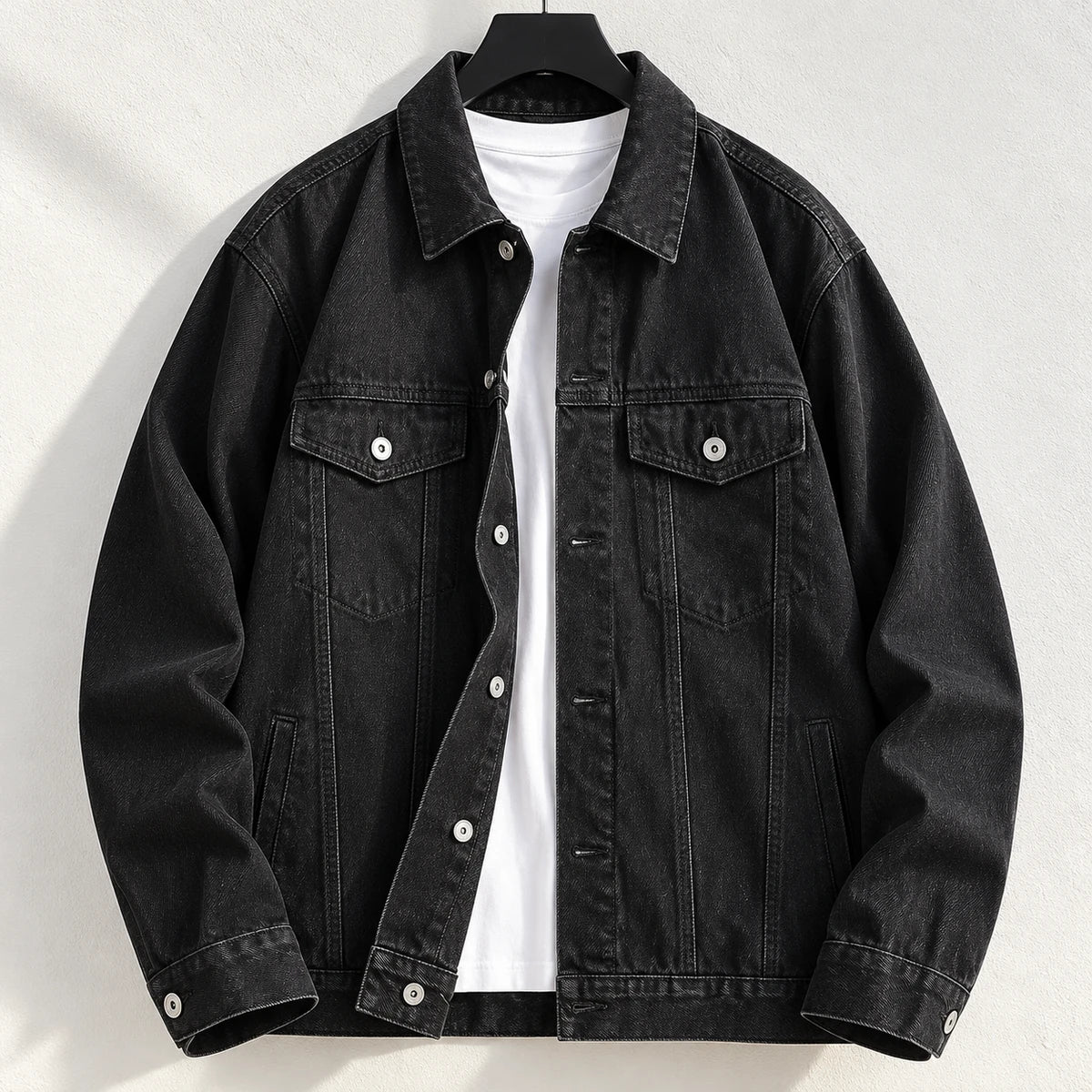 Denim Jacket | Bastien Black hanger architectural front