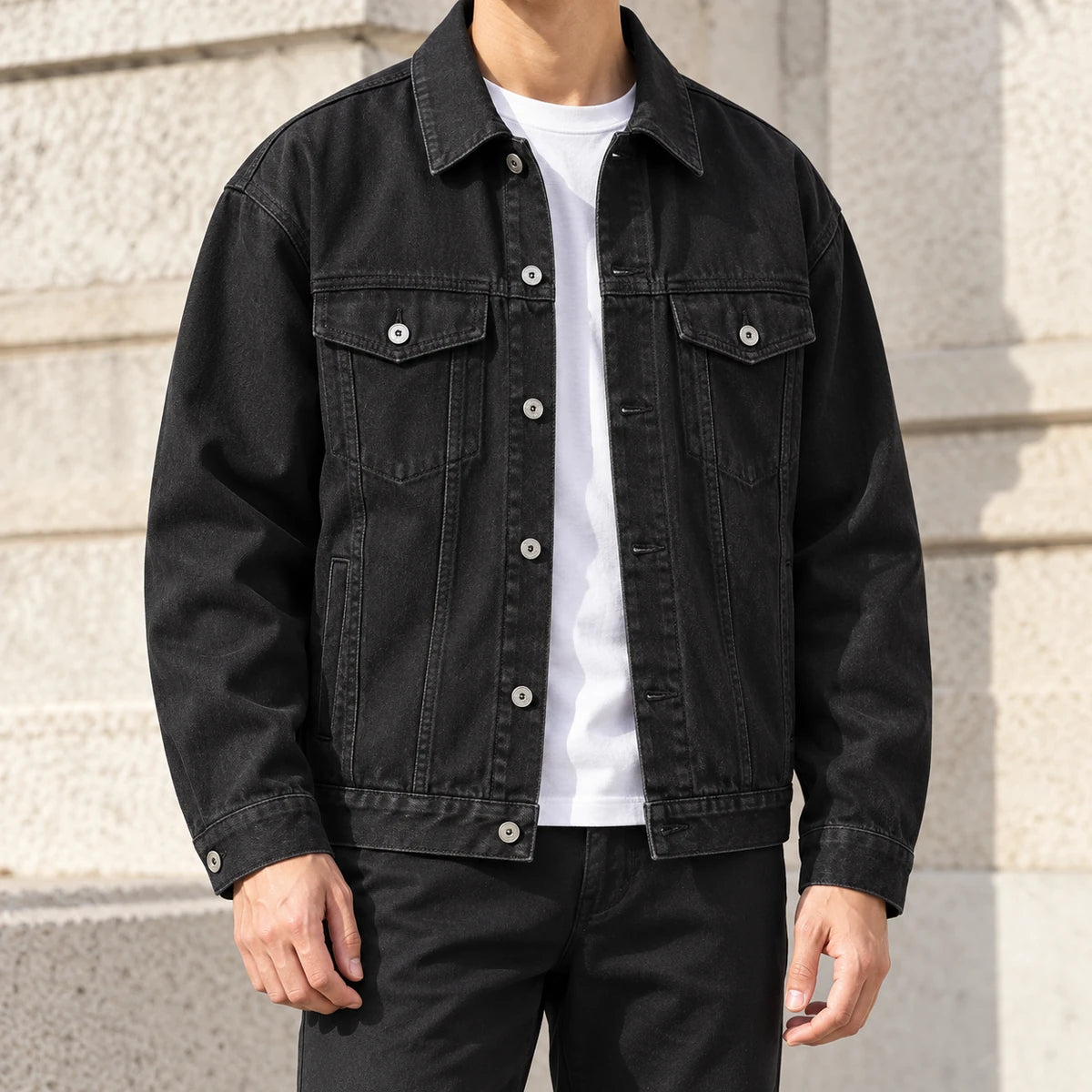 Denim Jacket | Bastien Black model daylight lifestyle